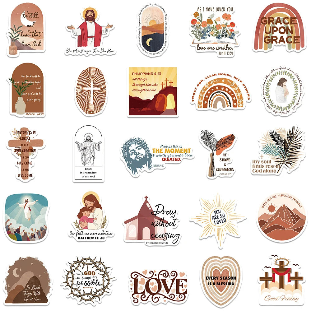 10/30/50pcs Pegatinas de dibujos animados de Jesús cristiano, versículos bíblicos, calcomanías de fe, para laptop, teléfono, equipaje de viaje, coche, papelería, juguetes