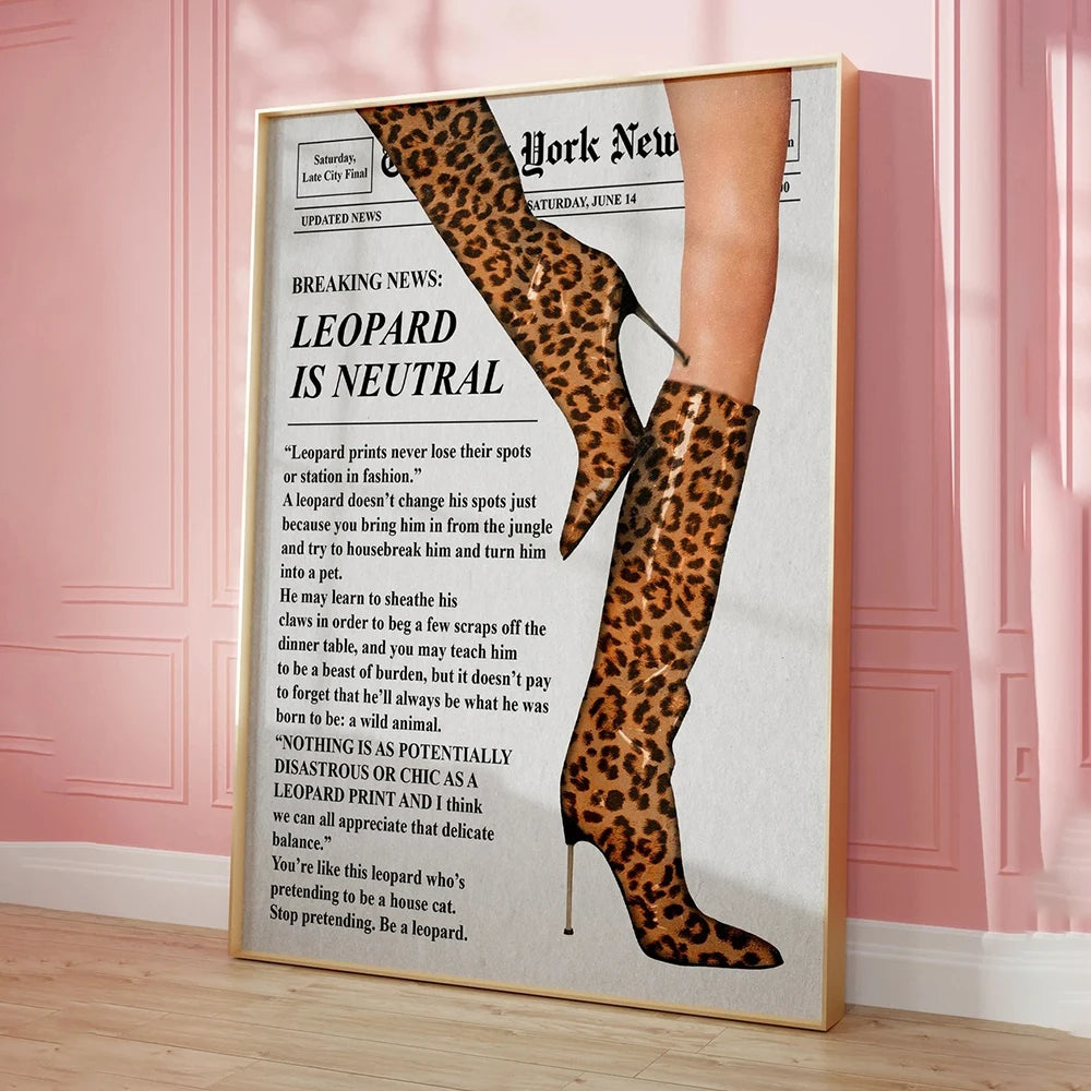 Modern Retro Newspaper Red Boots Fashion Leopard Boots Vintage Wall Art Canvas Painting Posters For Living Room Home Decor