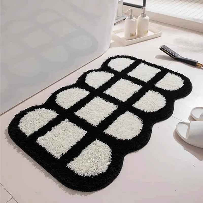 VIKAMA Tapis de sol court en peluche, style Ins, noir et blanc, simple, résistant à l'usure, pour porte d'entrée, tapis de pied, tapis de salle de bain