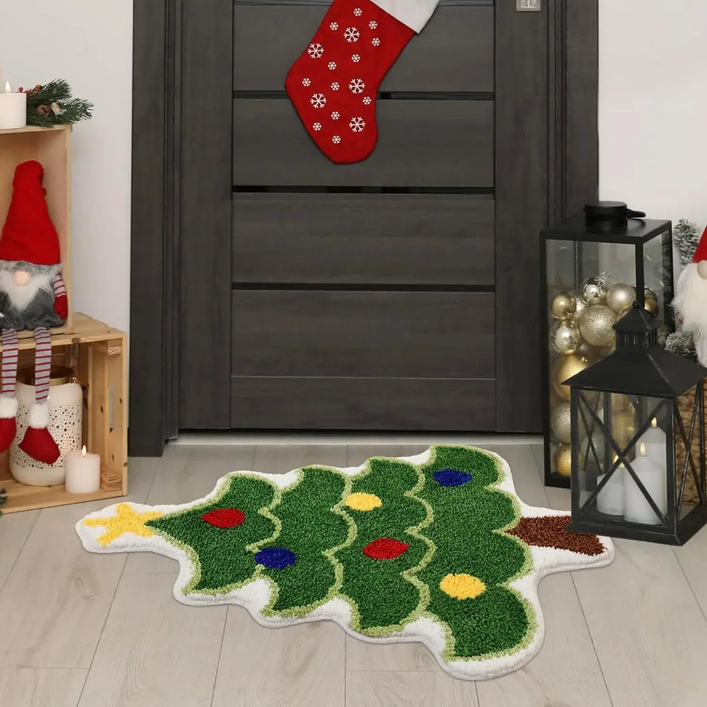 Tapis VIKAMA de Noël en forme de sapin de Noël en laine, doux, antidérapant, tapis de sol, paillasson, ambiance de festival, décoration de maison