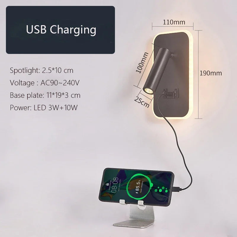 Applique Murale Moderne Minimaliste LED USB Rechargeable Lampe de Chevet Intérieure pour Chambre d'Hôtel Liseuse Applique Murale avec Interrupteur AC 90~240V