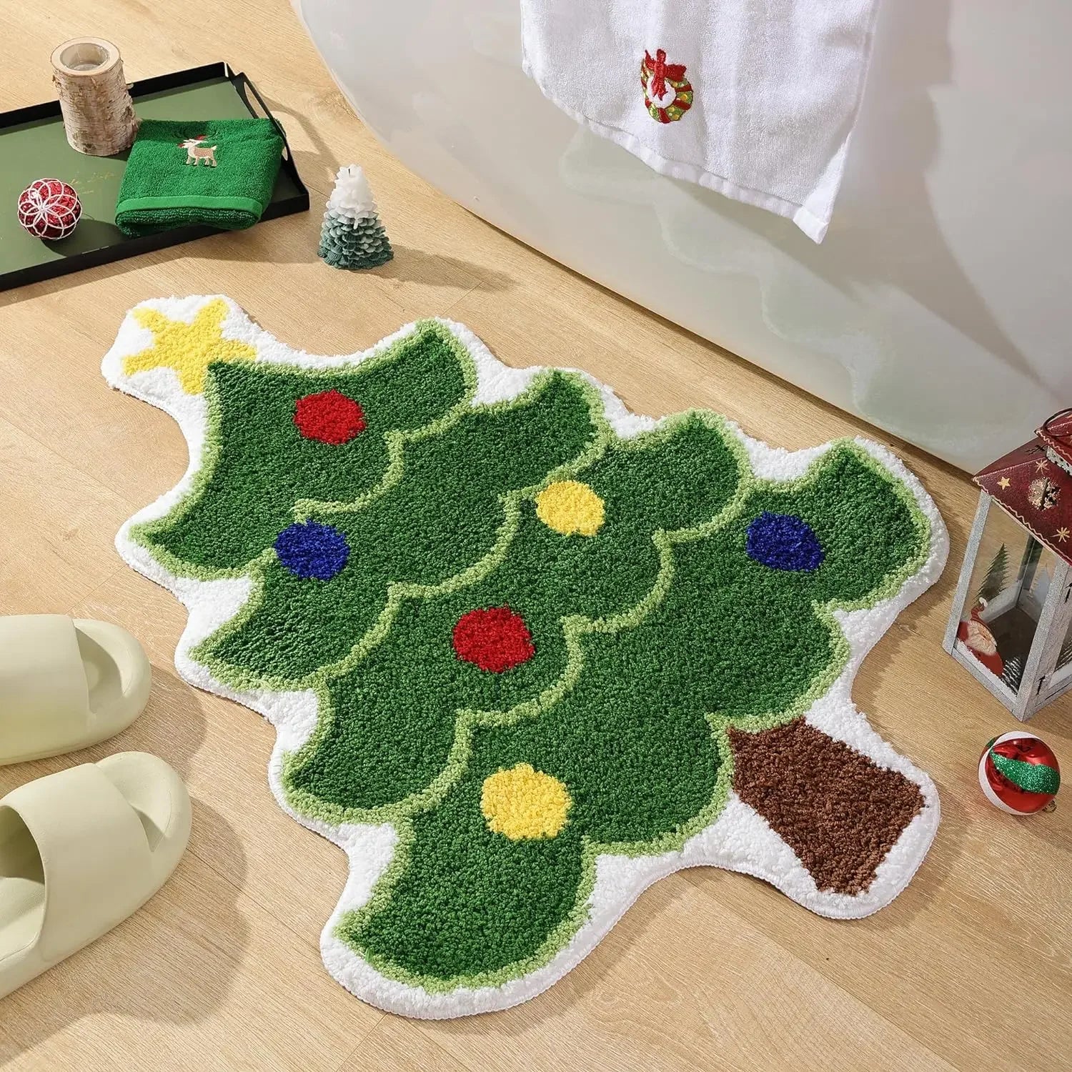 Alfombra de lana tipo VIKAMA de árbol de Navidad de dibujos animados, alfombrilla antideslizante suave, felpudo de entrada, ambiente festivo, decoración del hogar