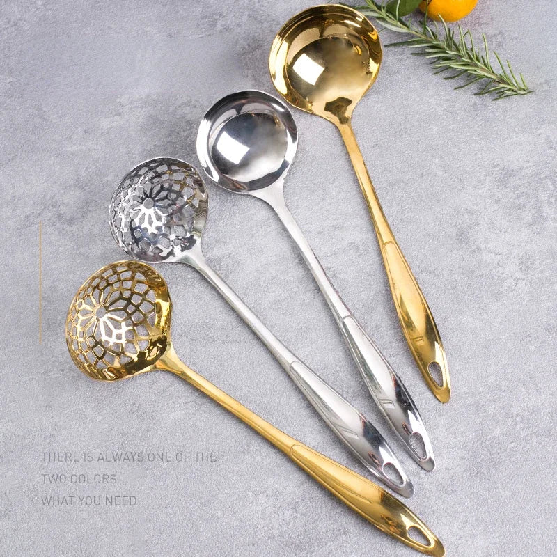 Cuillère à soupe commerciale en acier inoxydable à long manche, cuillère à pot chaud, grande cuillère à soupe dorée, pot chaud, 2 en 1