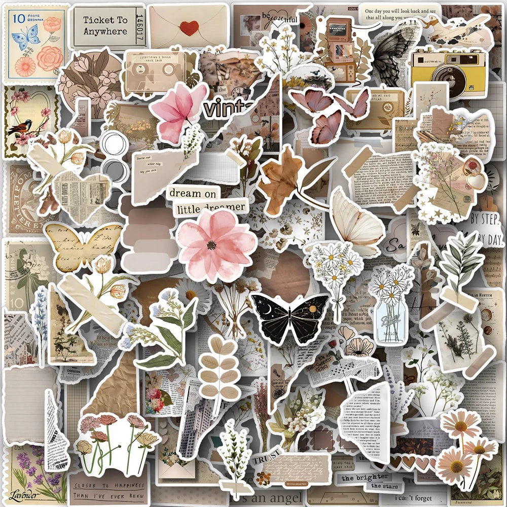 10/30/60/120PCS Pegatinas Estéticas de Mariposas y Flores de Arte Retro Calcomanías Vintage para Laptop, Teléfono, Equipaje, Álbum de Recortes, Coche, Graffiti