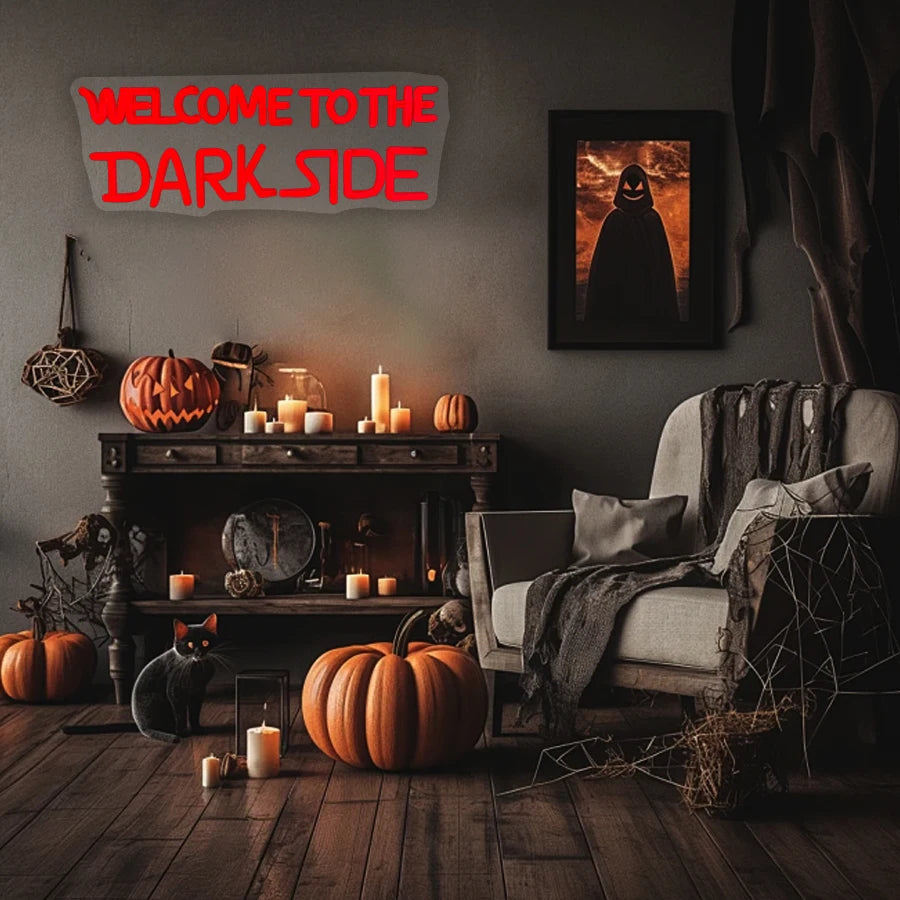 Letrero de neón "Welcome To The Dark Side", icono de lámpara de letras con alimentación USB, utilizado para dormitorio, sala de juegos, casa embrujada, decoración de Halloween.