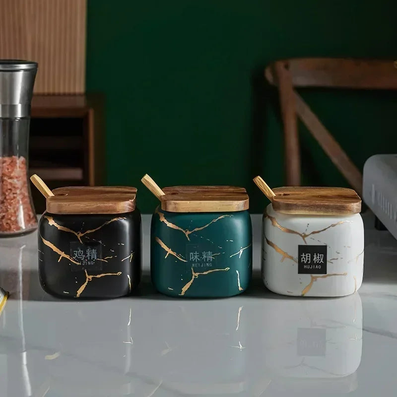Juego de dos tarros de condimentos esmerilados para cocina japonesa, de cerámica con diseño de mármol, combinado, para sal, azúcar y especias.