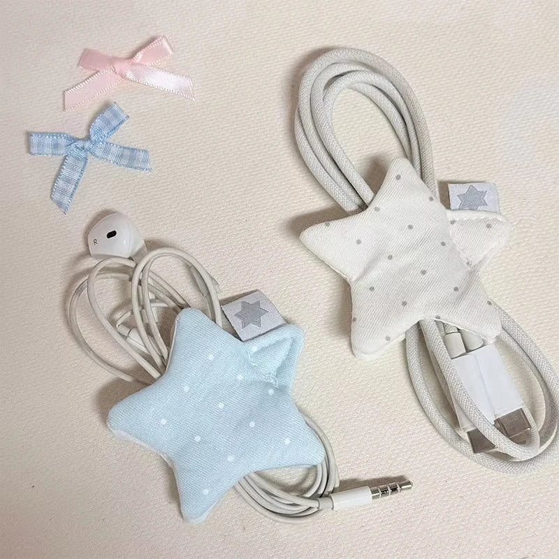 Accesorios de decoración para auriculares japoneses Y2K, bolsa de almacenamiento para auriculares de tela hecha a mano con estrellas y ondas, organizador de cables de datos
