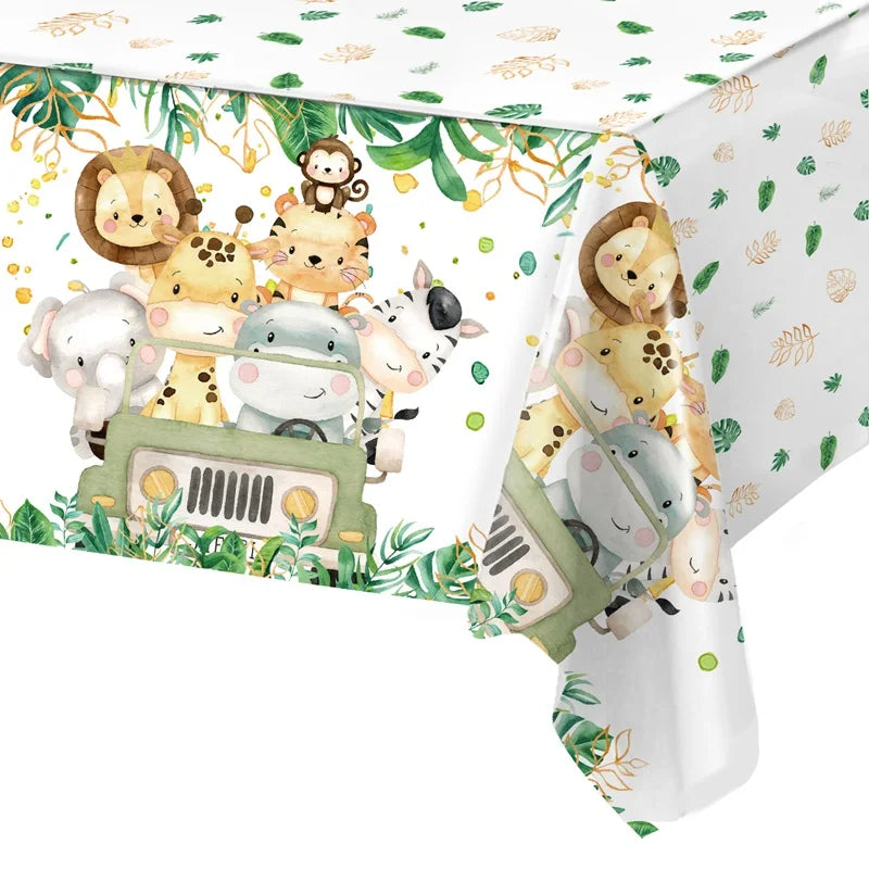 Nappe d'anniversaire animaux de la jungle, feuilles de palmier, nappe de fête d'anniversaire Safari dans la jungle, décoration pour enfants Wild One
