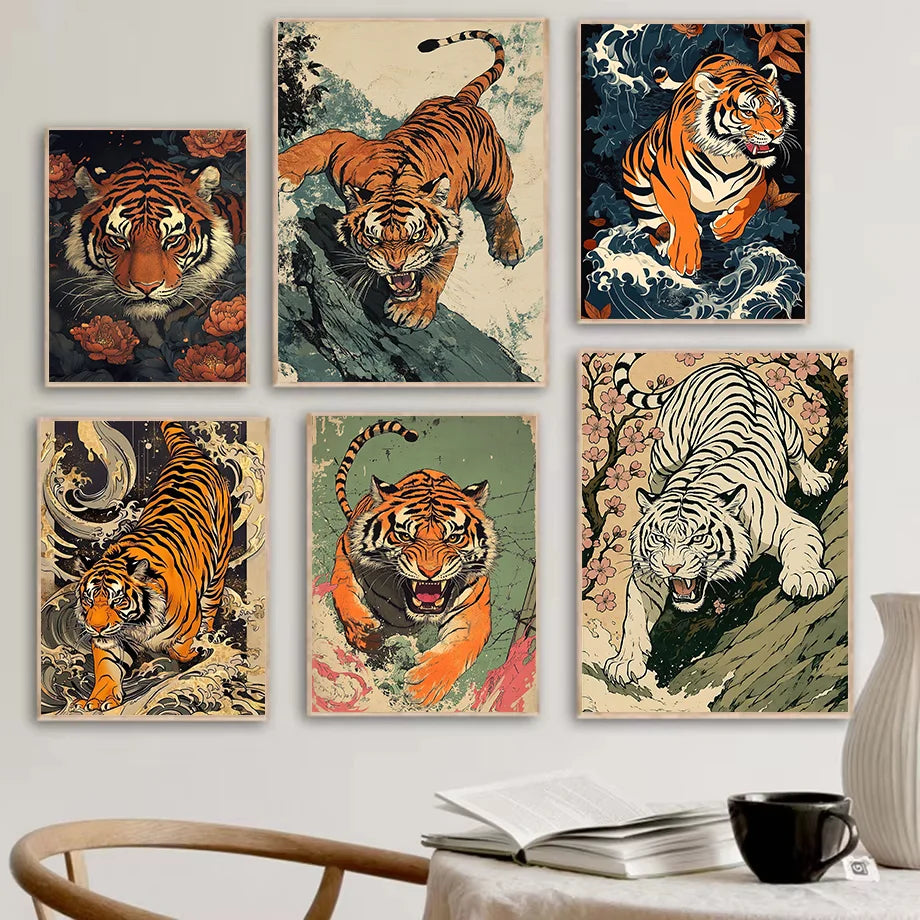 Lienzo vintage Ukiyo-e de tigre – Póster japonés de pared para sala de estar, dormitorio, decoración nórdica del hogar