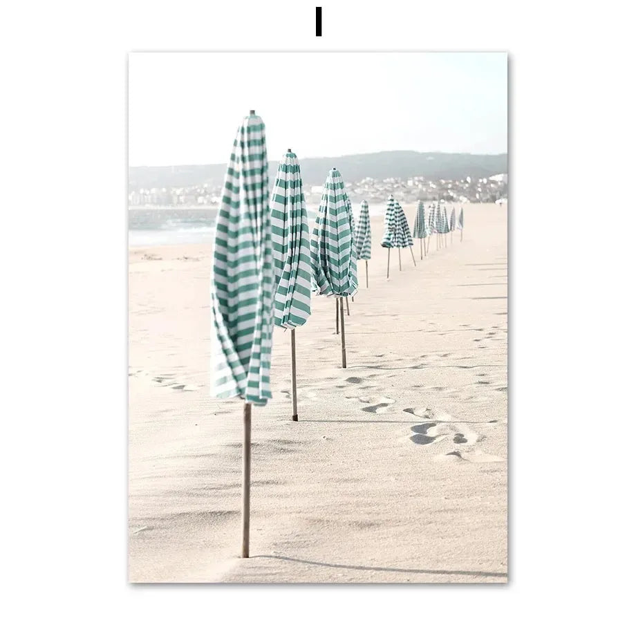 Planche de Surf Mouette Parasol Mer Bleue Tableau Mural sur Toile Affiches et Impressions Nordiques Photos Murales Pour Salon Décoration