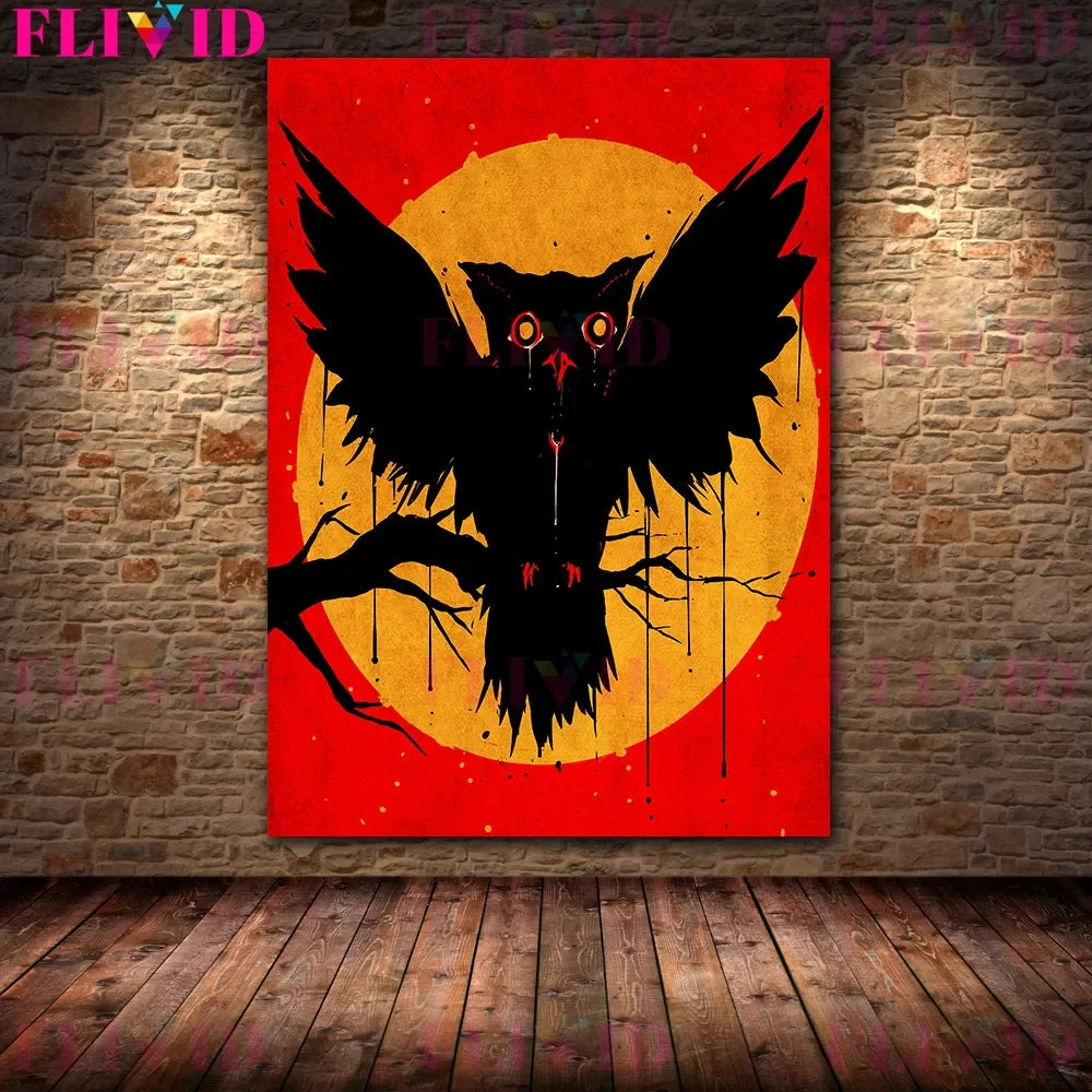 El lobo devora el cordero y el cuervo sangriento de la luna llena arte de pared vintage, animales de terror, póster e impresión de arte de minimalismo