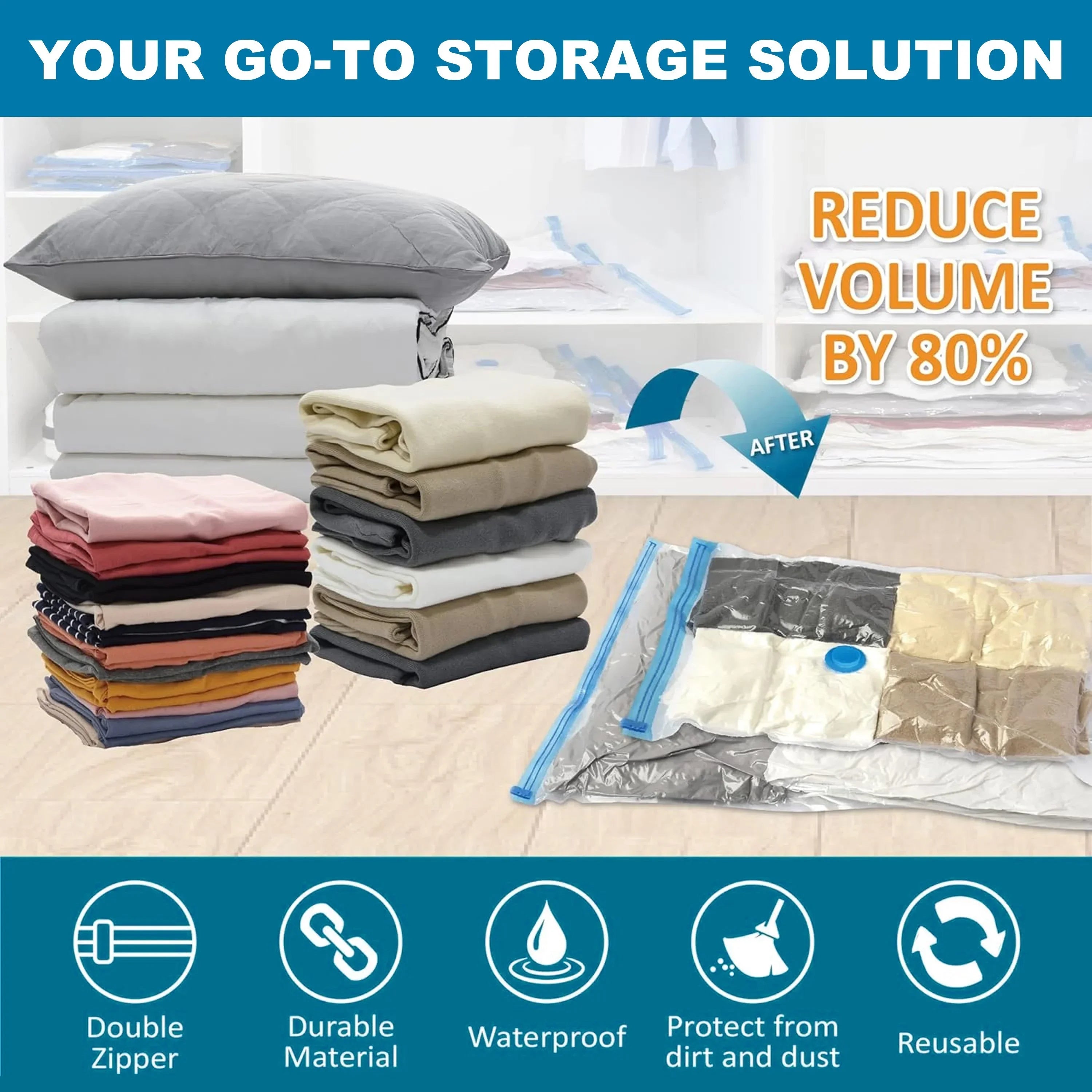 Lot de 4 sacs de rangement sous vide à compression, sac de rangement scellé pour vêtements, organisateur ménager pour économiser de l'espace, pompe manuelle non incluse