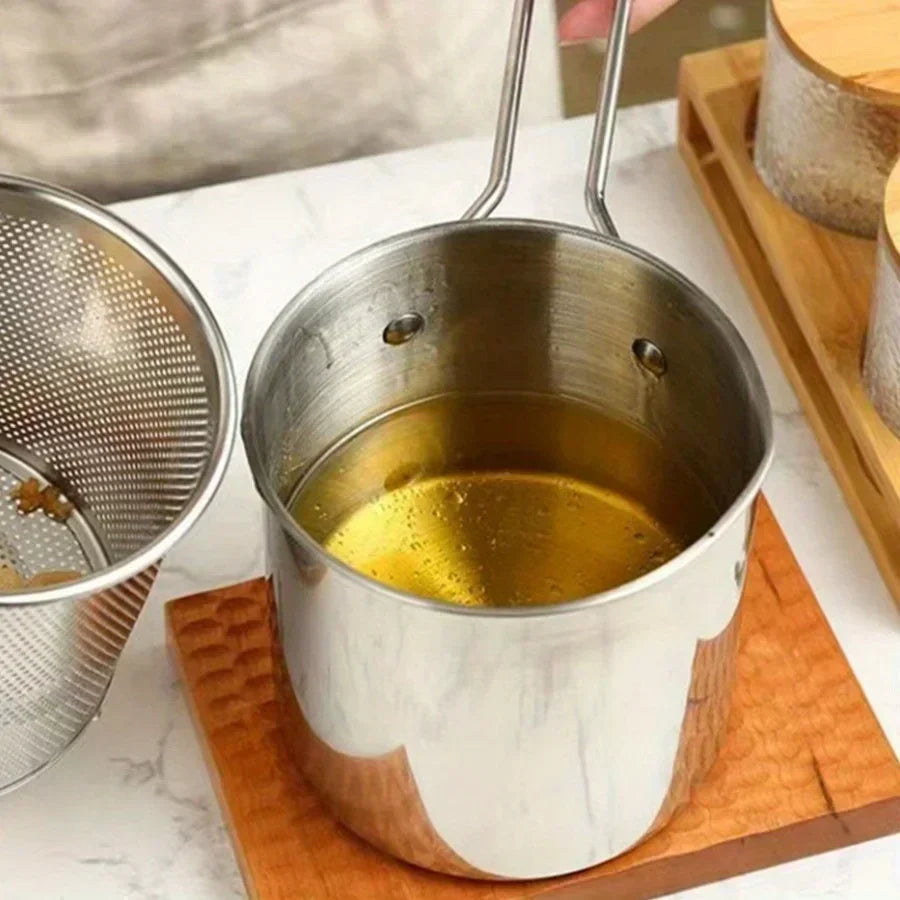 Freidora de acero inoxidable con patatas fritas y alitas de pollo, pequeña olla de aceite para el hogar con pantalla de filtro, olla Tianfu Luo