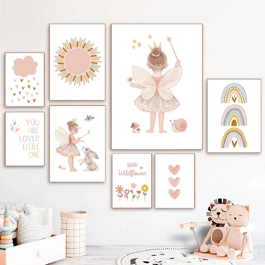 Niñas Ángel Kawaii Conejo Sol Arco Iris Nube Dibujos Animados Carteles Infantiles Pintura en Lienzo Impresión de Arte de Pared Imagen Decoración de Habitación de Bebés Niños