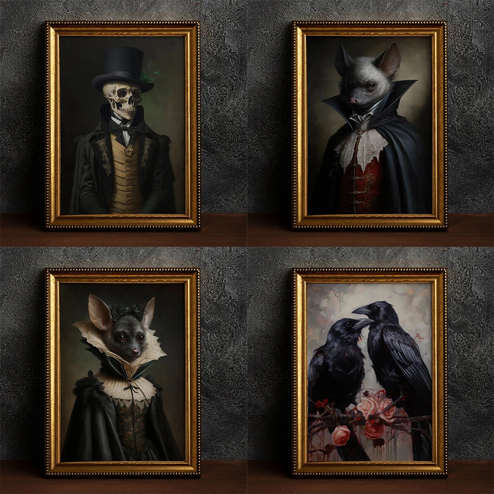 Rétro Corbeau Sorcière Chauve-souris Crâne Academia Sombre Gothique Victorien Tableau Mural sur Toile Affiche Imprimée Cadeaux d'Halloween Décoration de Chambre