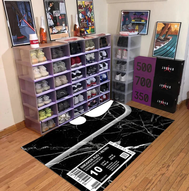 Alfombra con estampado de zapatillas, alfombra de decoración urbana con tipografía streetwear en tonos rojo y negro para sala de estar, alfombras para dormitorio.