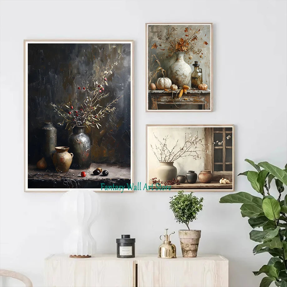 Jarrón de flores de naturaleza muerta, decoración de pared de pintura botánica vintage, jarrones antiguos vintage, impresiones estéticas, pintura de lienzo de olivo