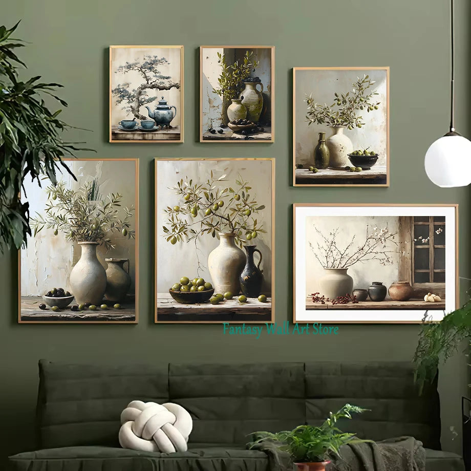 Jarrón de flores de naturaleza muerta, decoración de pared de pintura botánica vintage, jarrones antiguos vintage, impresiones estéticas, pintura de lienzo de olivo