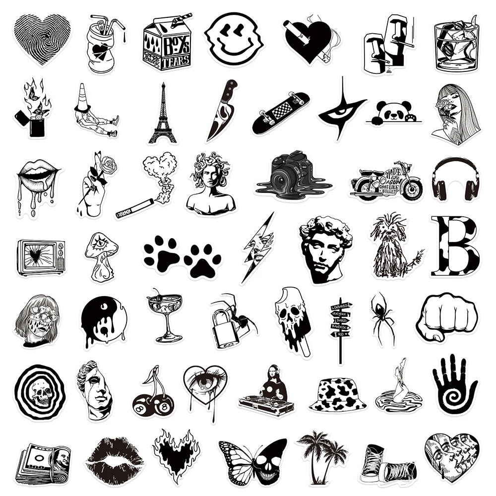 10/30/50 pegatinas de grafiti geniales de estilo artístico en blanco y negro para decoración de laptop, monopatín, motocicleta, teléfono, equipaje, juguete