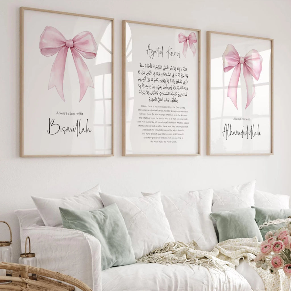Lienzo decorativo de pared para habitación de bebé, niña, islámico, musulmán, con lazo rosa, para sala de estar, dormitorio, decoración del hogar