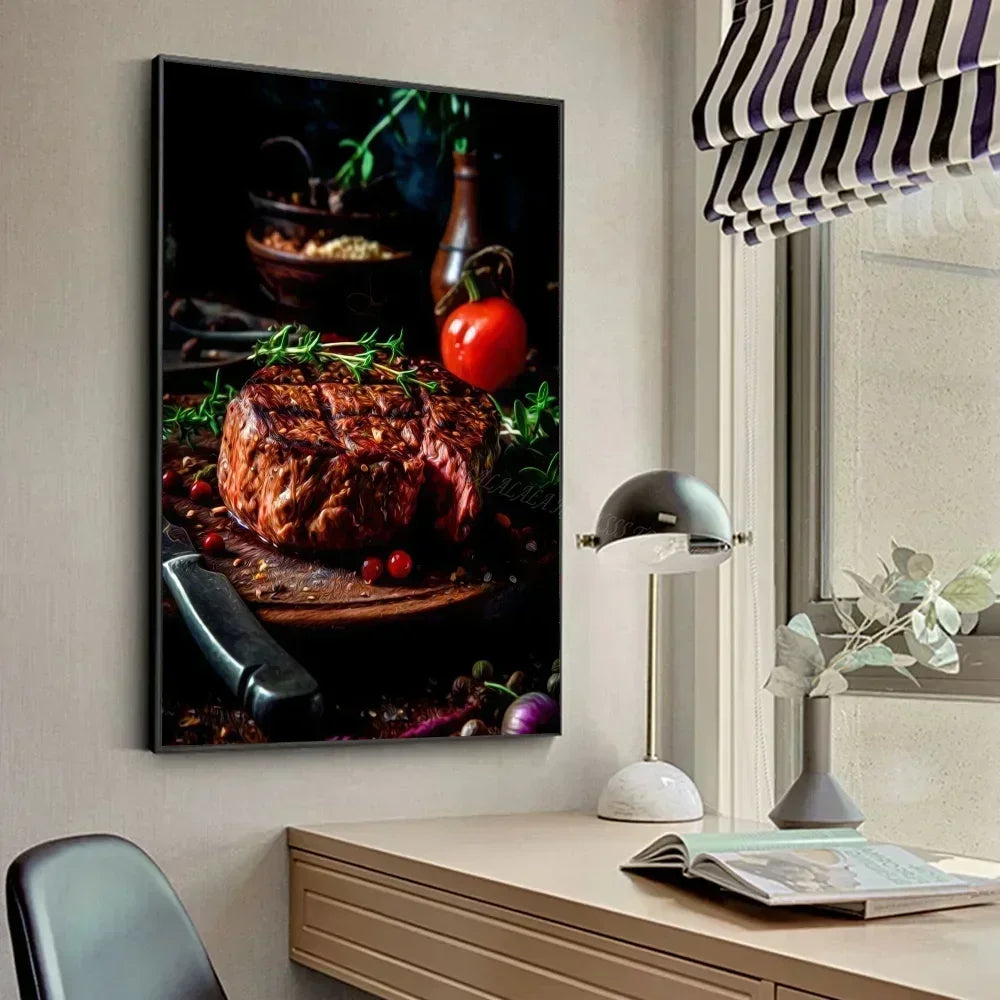 Póster de lienzo impreso para pared con diseño de pollo, comida, hamburguesa, patatas fritas, pollo y salmón, para sala de estar, hogar, restaurante y decoración