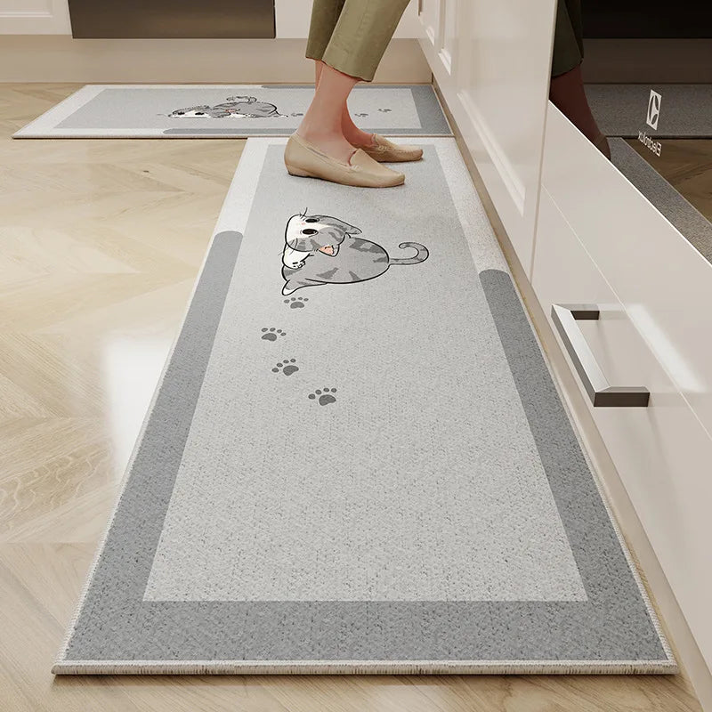 VIKAMA Alfombra de cocina de terciopelo de cristal de 1/2 pieza con diseño de dibujos animados, fácil de manejar, larga, resistente a la suciedad y antideslizante