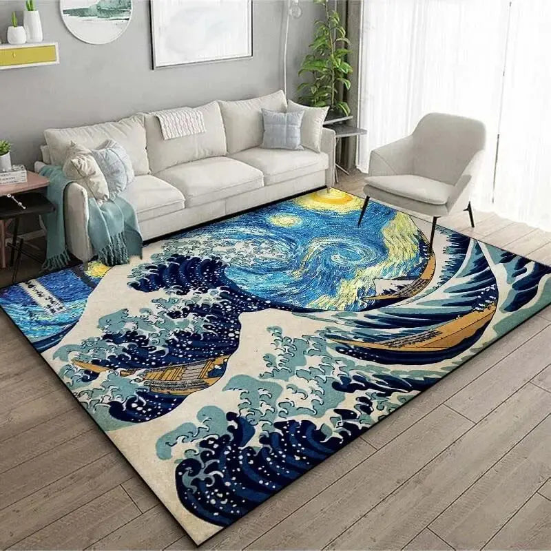 VIKAMA Alfombra de estilo japonés Ukiyo-e para vestíbulo, alfombrilla para balcón, cocina, sala de estar, dormitorio con motivo de la Gran Ola de Kanagawa