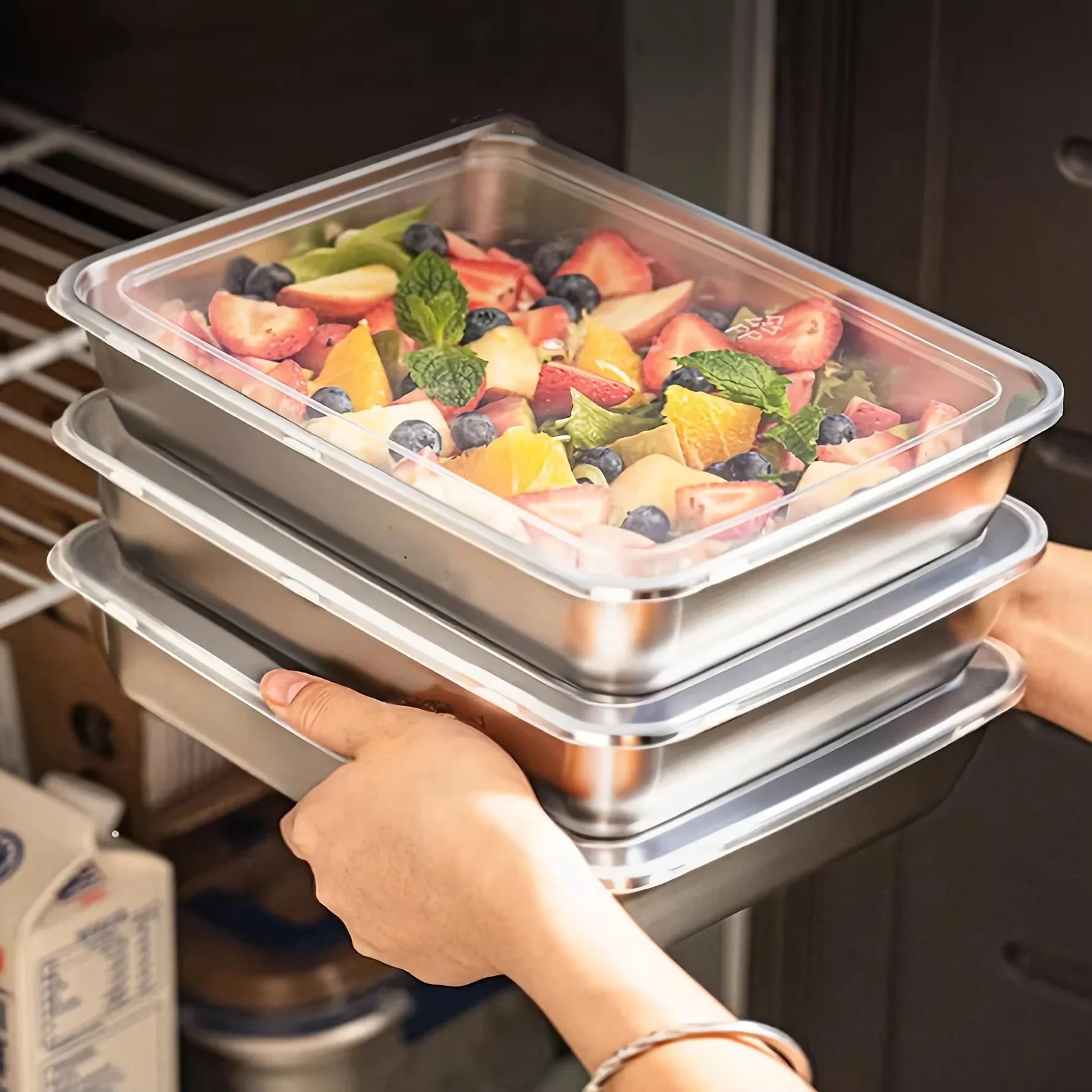 Lot de 3 Boîtes Alimentaires en Acier Inoxydable – Anti-fuite et Empilables avec Couvercles Transparents | Pour le Camping, la Maison et la Préparation des Repas