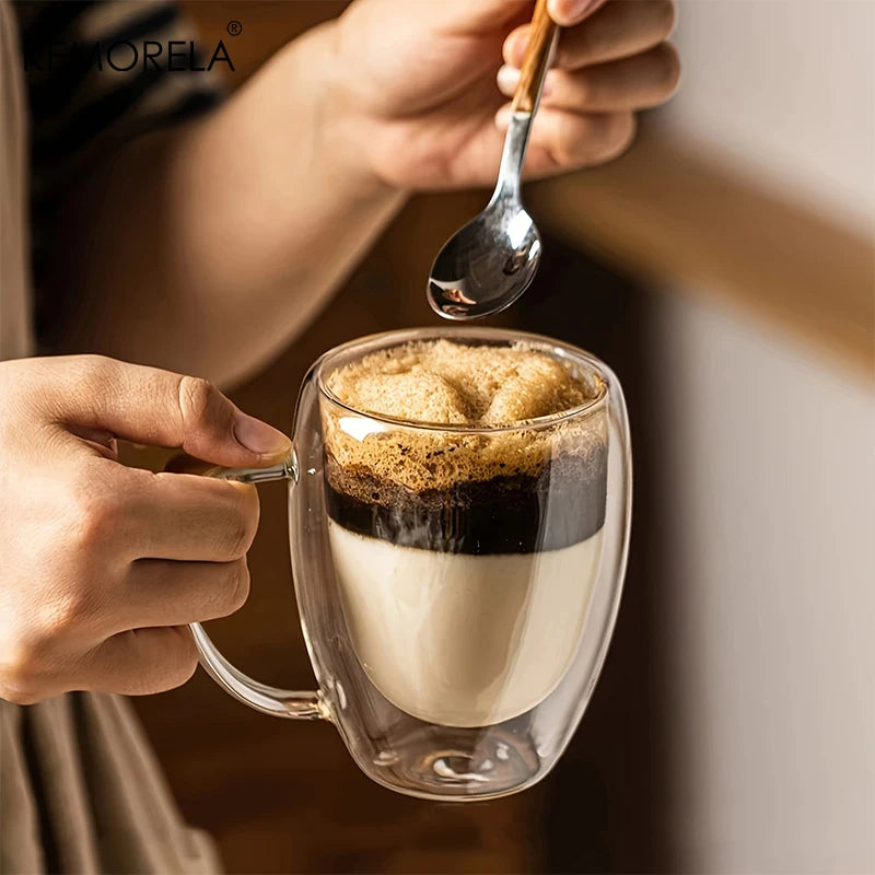 2/4/6 Tazas de café de cristal de doble pared de 350 ml con asa, taza de capuchino de cristal transparente para café, leche, té, zumo