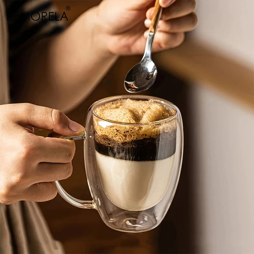 2/4/6 Tazas de café de cristal de doble pared de 350 ml con asa, taza de capuchino de cristal transparente para café, leche, té, zumo