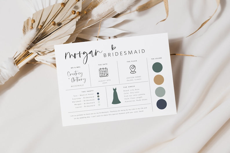 Carte d'information modifiable pour demoiselle d'honneur, Modèle d'information pour la fête de mariage, Carte de proposition de mariage, Infographie, Modifier avec TEMPLETT, WLP-SIL 5252