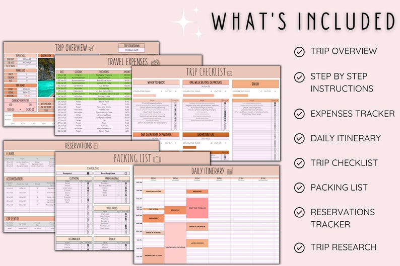 Planificateur de voyage Planificateur de voyage numérique pour un itinéraire de voyage Planificateur de vacances numérique Organisateur de voyages pour les vacances Budget de voyage Google Sheets