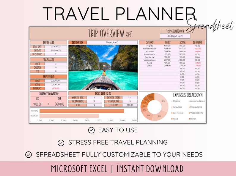 Planificador de viaje Planificador de viaje digital para itinerario de viaje Planificador de vacaciones digital Itinerario de vacaciones Organizador de viaje Presupuesto de viaje Excel