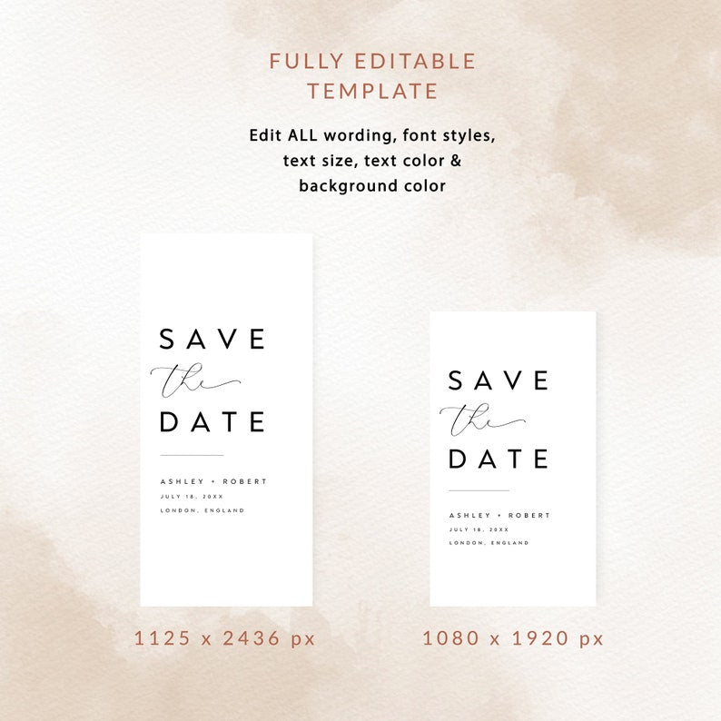 Guardar la fecha electrónico, Guardar la fecha minimalista invitación electrónica, Invitación de boda electrónica, Guardar la fecha para teléfono, SD-59