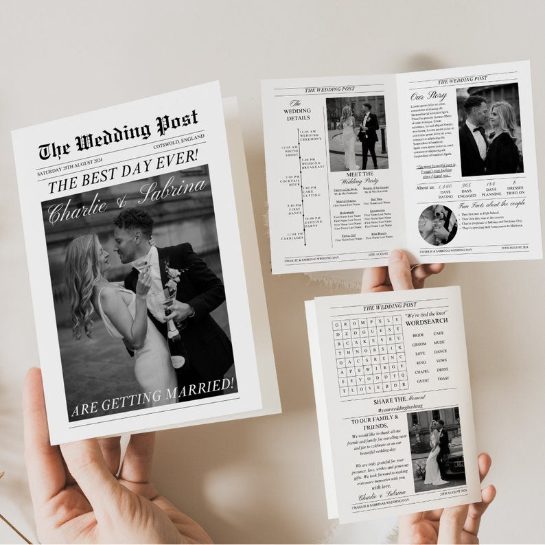 Modèle Canva de programme de mariage pliable, journal de jeunes mariés, programme de mariage sous forme de journal, emploi du temps de la cérémonie infographique