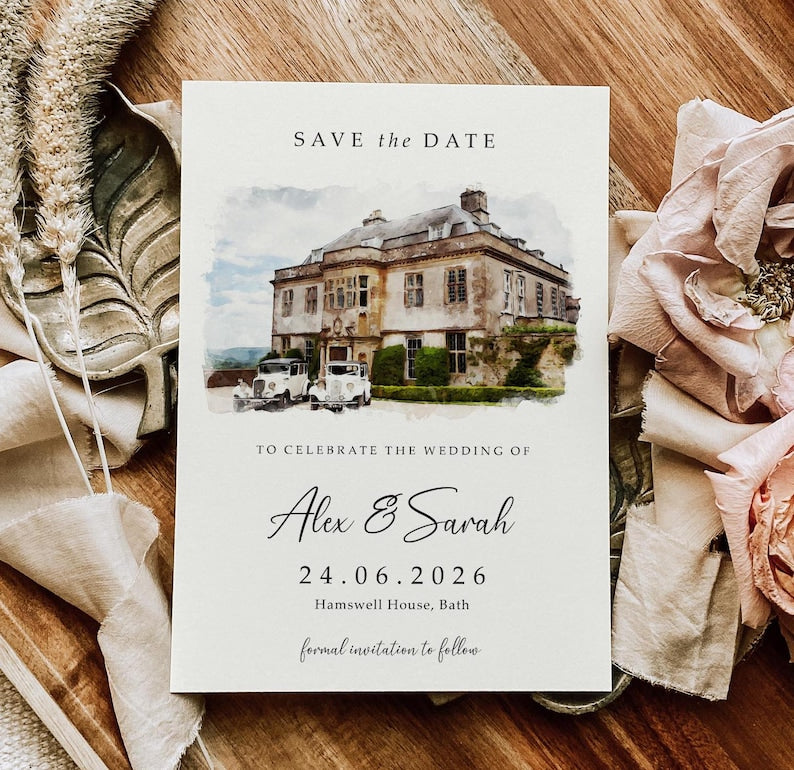 Carte numérique "Save the Date", E-faire-part aquarelle pour mariage, Illustration esquisse peinture dessin