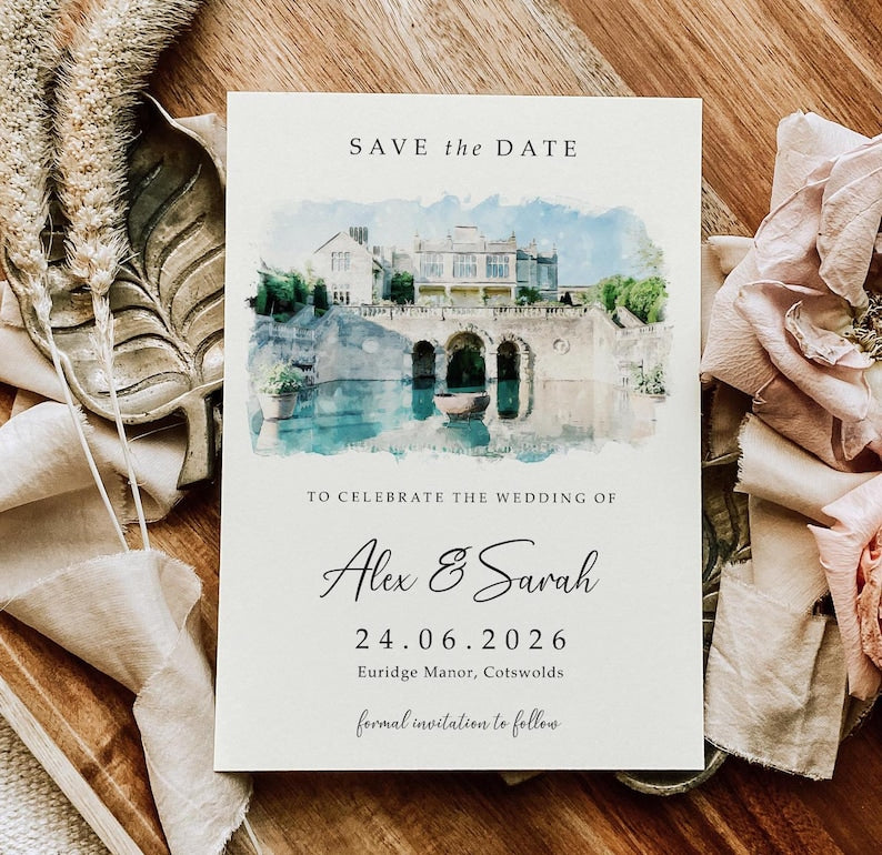 Carte numérique "Save the Date", E-faire-part aquarelle pour mariage, Illustration esquisse peinture dessin