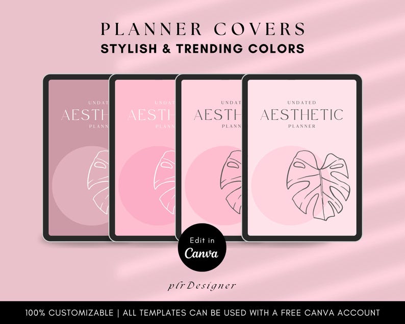 Agenda digital PLR sin fecha, con hipervínulos. Diseño premium, estética de pasteles rosas. Plantilla Canva PLR para revender con derechos de etiqueta privada.