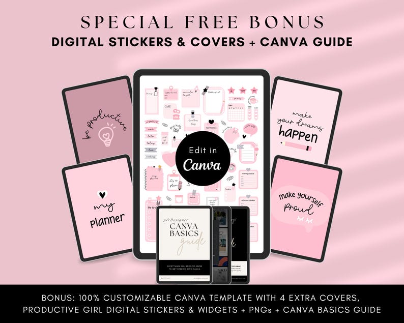Agenda digital PLR sin fecha, con hipervínulos. Diseño premium, estética de pasteles rosas. Plantilla Canva PLR para revender con derechos de etiqueta privada.