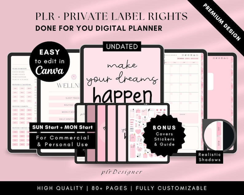 Agenda digital PLR sin fecha, con hipervínulos. Diseño premium, estética de pasteles rosas. Plantilla Canva PLR para revender con derechos de etiqueta privada.
