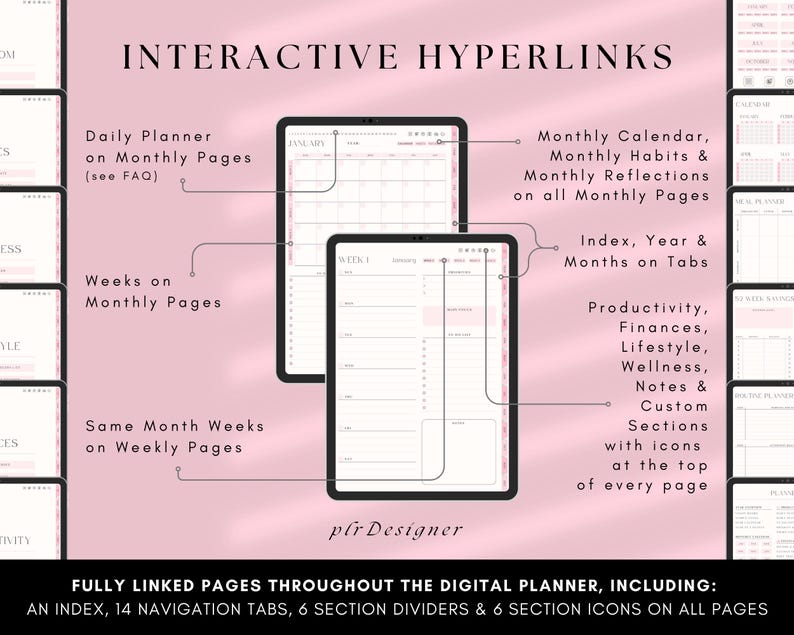 Agenda digital PLR sin fecha, con hipervínulos. Diseño premium, estética de pasteles rosas. Plantilla Canva PLR para revender con derechos de etiqueta privada.