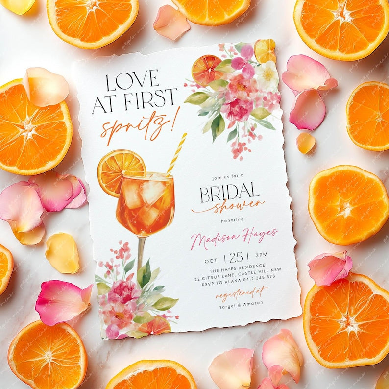 Invitación a despedida de soltera "Amor al primer sorbo", Invitación a despedida de soltera Aperol Spritz, Brunch nupcial cítrico, Despedida de soltera con flores brillantes naranjas