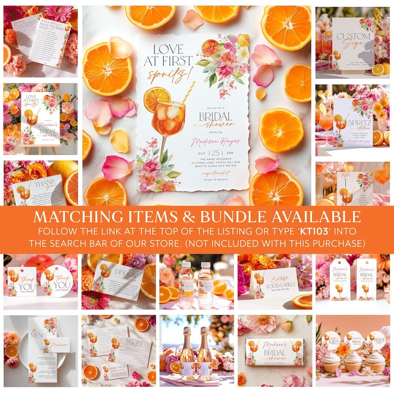 Invitación a despedida de soltera "Amor al primer sorbo", Invitación a despedida de soltera Aperol Spritz, Brunch nupcial cítrico, Despedida de soltera con flores brillantes naranjas