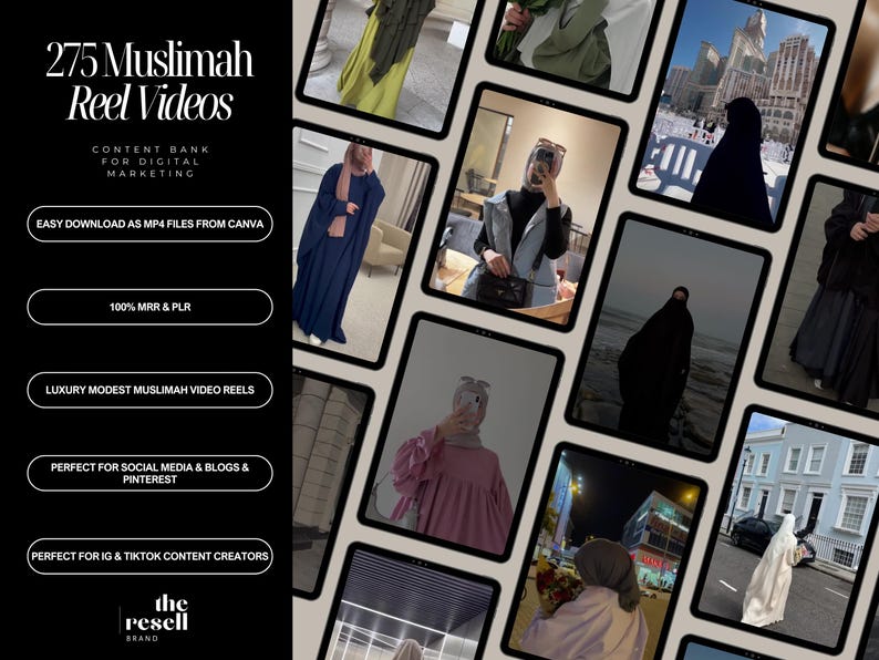Pack de 275 vidéos Reels de luxe modestes pour femmes musulmanes | Modèle Canva modifiable | PLR + MRR | Kit de contenu esthétique pour hijabis