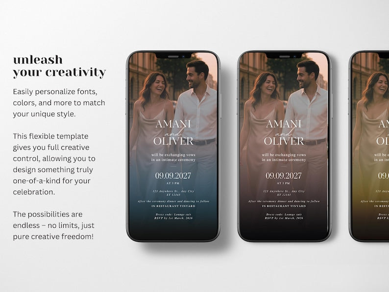 Plantilla editable para invitación de boda electrónica, Evite moderno, Invitación digital para ceremonia y recepción de boda, Anuncio de boda