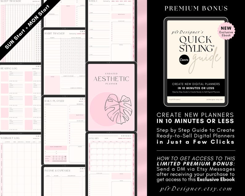 Agenda digital PLR sin fecha, con hipervínulos. Diseño premium, estética de pasteles rosas. Plantilla Canva PLR para revender con derechos de etiqueta privada.