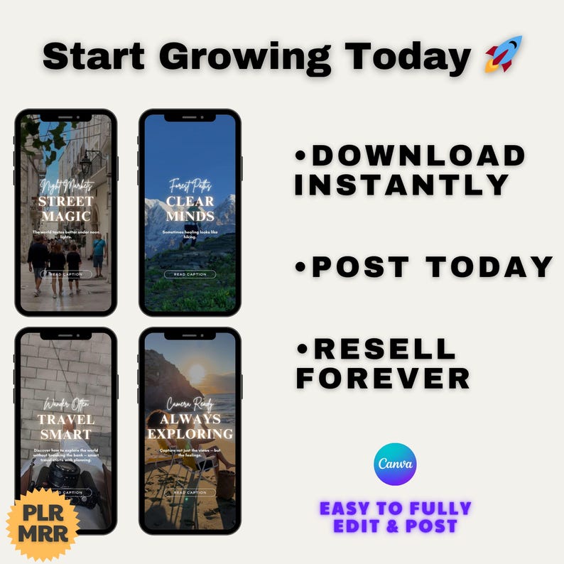 Reels inspiradores de viajes para Instagram: 70 plantillas de Canva con subtítulos (PLR MRR)