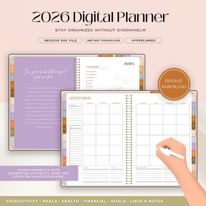 Planificateur numérique 2026 | Planificateur GoodNotes hyperlié adapté aux personnes atteintes de TDAH | Organisateur d'objectifs, de budget, de santé et de maison | Plan de vie non daté