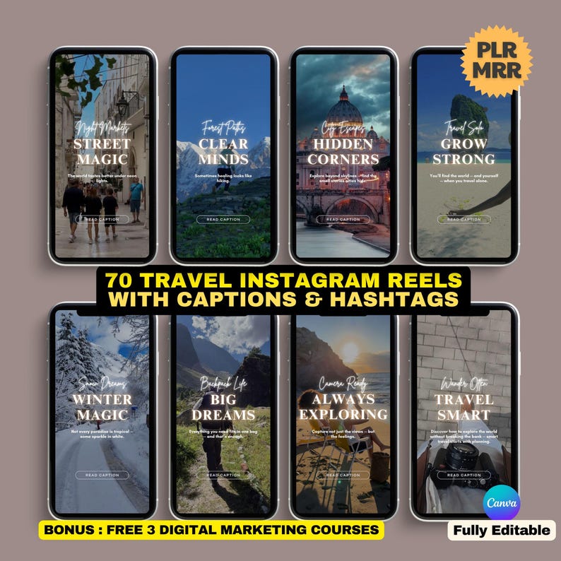 Reels inspiradores de viajes para Instagram: 70 plantillas de Canva con subtítulos (PLR MRR)