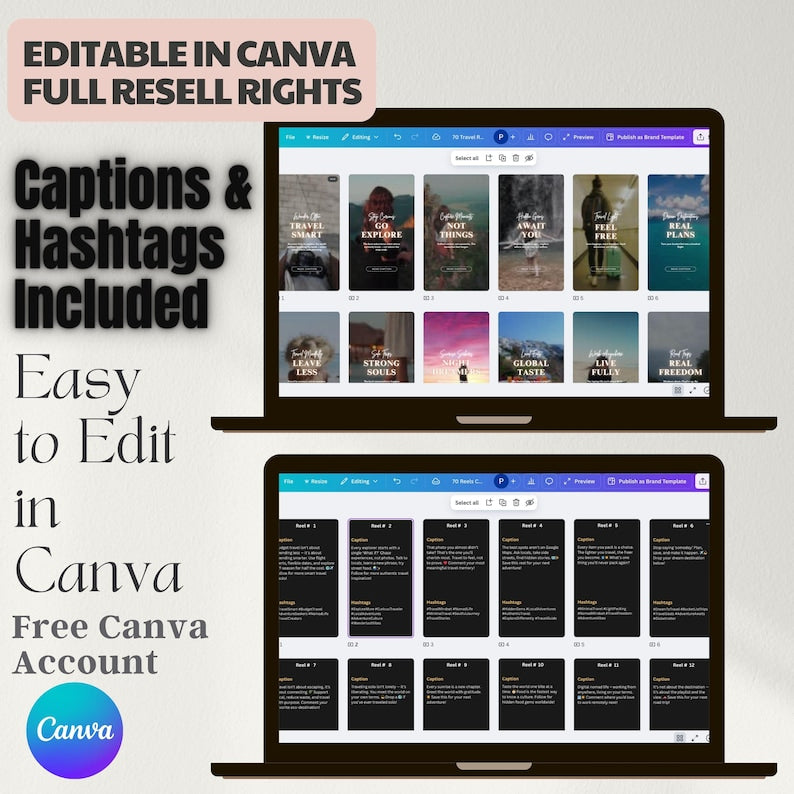 Reels inspiradores de viajes para Instagram: 70 plantillas de Canva con subtítulos (PLR MRR)